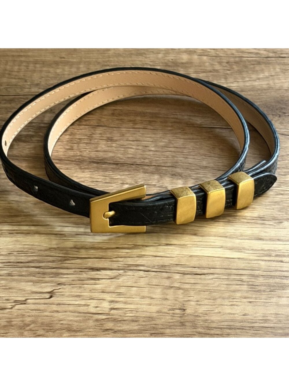 By Far Vic Black Crocodile Embossed Leather Narrow Belt Geometric Buckle S/75cm